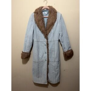 Vintage 90s B. Lucid Light Blue Suede "Penny Lane" Afghan Duster Coat Size Large